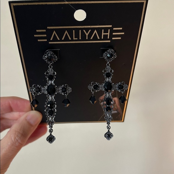 Dolls Kill Jewelry - NWT Aaliyah Y2K dark black rhinestone goth Victorian cross earrings large​